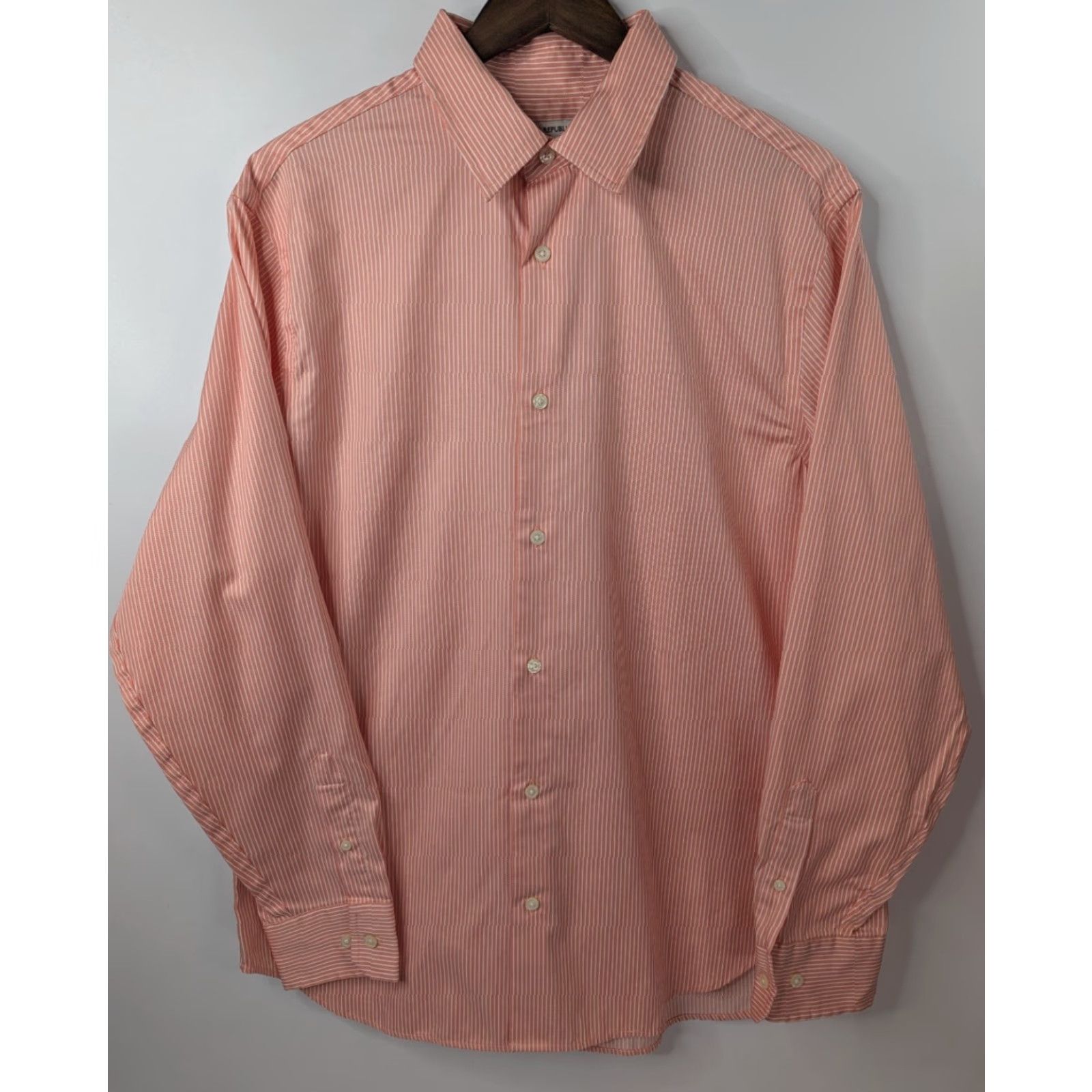 Banana Republic Banana Republic Non-Iron Classic Fit Dress Shirt Salmon Stripe Men's L 16-16.5 Dark Pink Orange Striped Button-Up Casual 100% Cotton Regular Womens? Size 42R - 2 Thumbnail