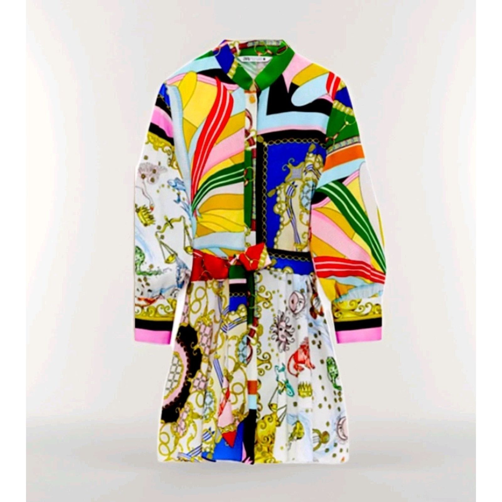 Zara Zara Size L Chain Scarf Print Shirt Dress Satin Zodiac Short Size L / US 10 / IT 46 - 10 Thumbnail