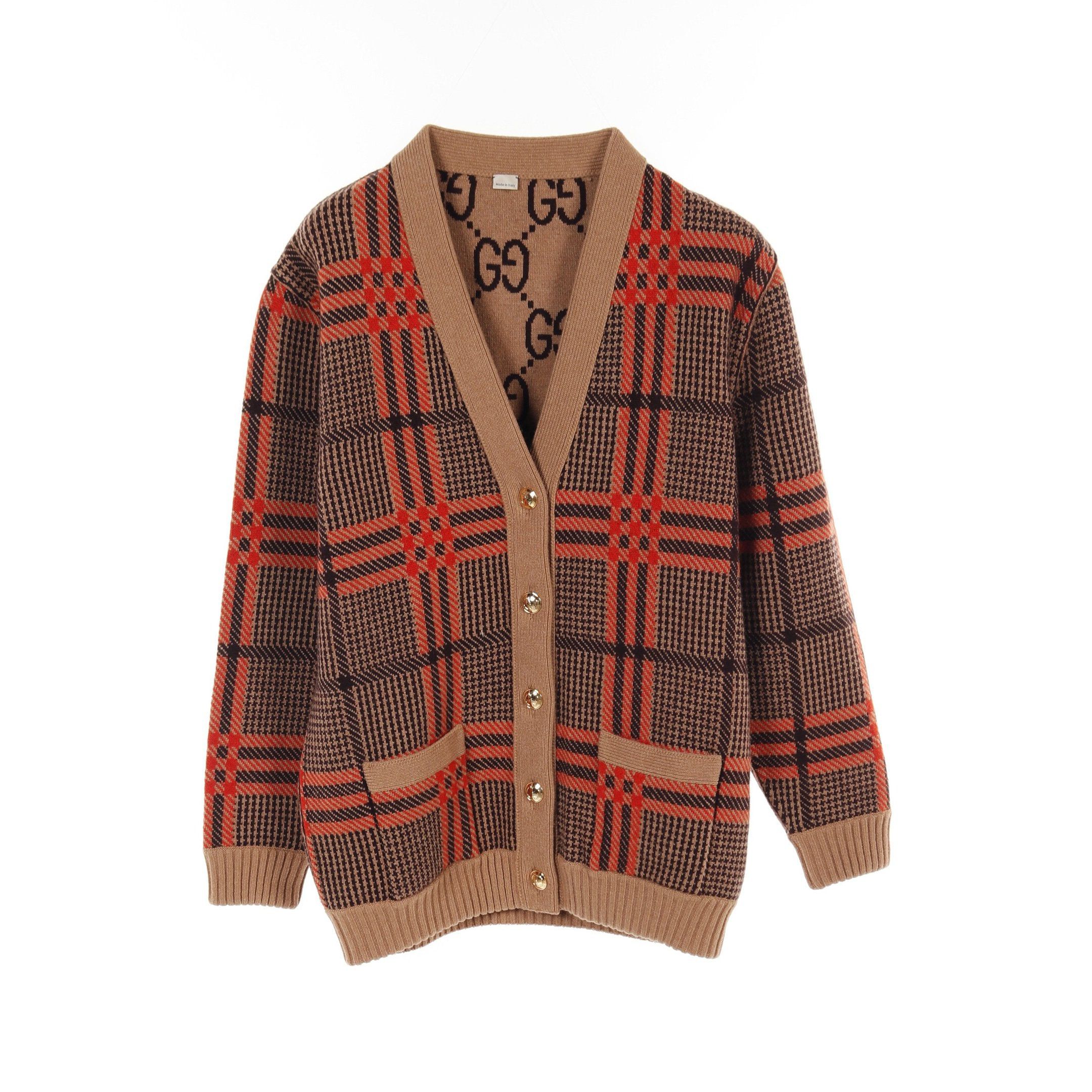 Gucci Gucci Gg Pattern Cardigan Glen Check Wool Light Brown Dark Orange Reversible Size ONE SIZE - 1 Thumbnail