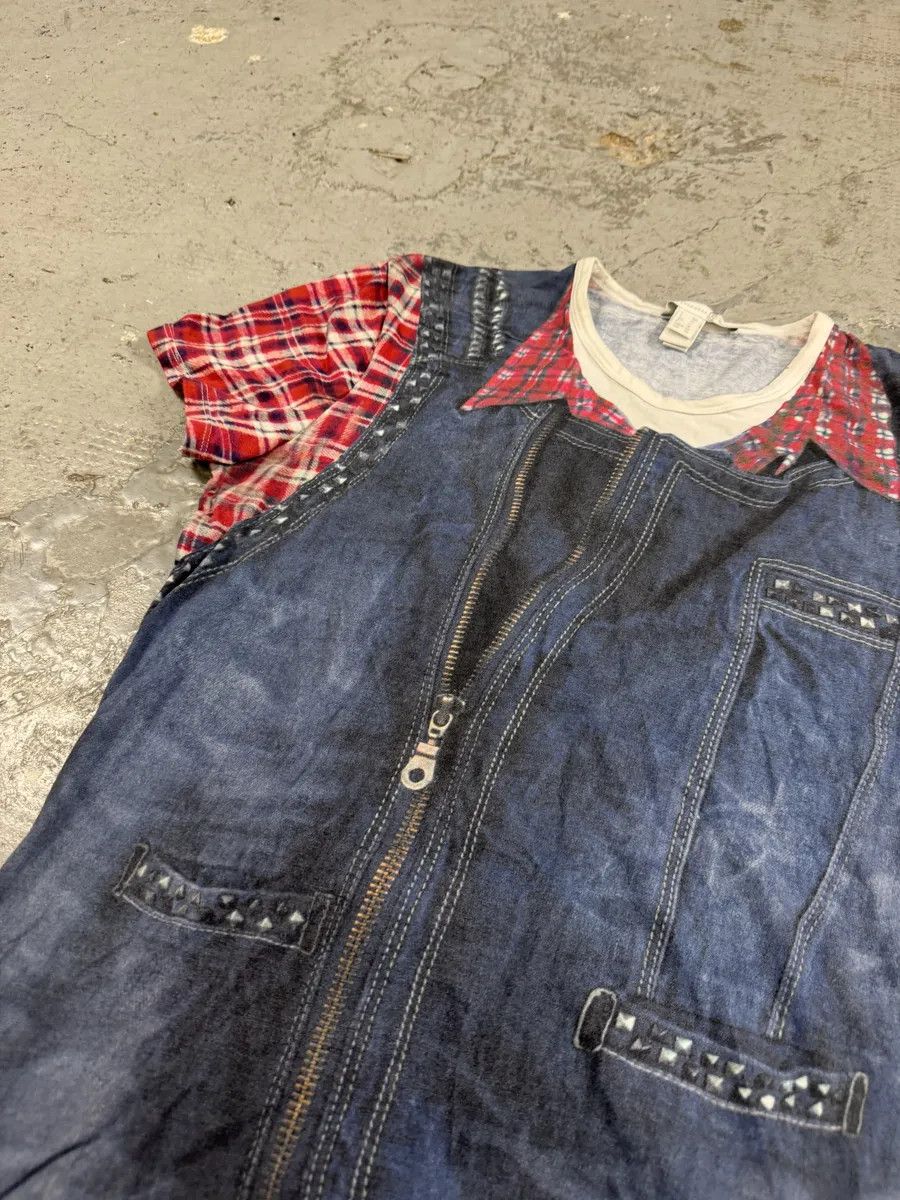Designer × Just Cavalli × Vintage 2000s Cavalli Trompe L’Oeil Denim Blue & Red Tartan T-Shirt Size US S / EU 44-46 / 1 - 6 Thumbnail