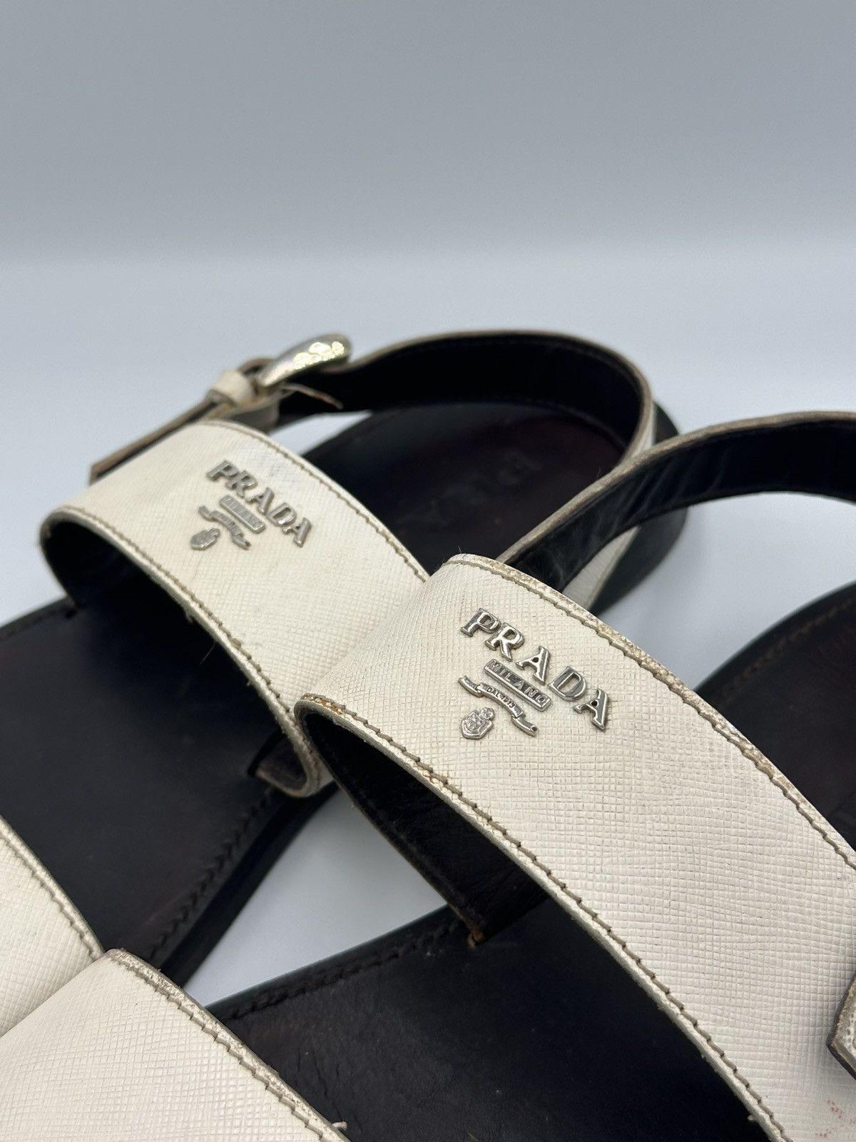 Prada Prada leather white sandals with metal logo Size US 7 / EU 40 - 7 Thumbnail
