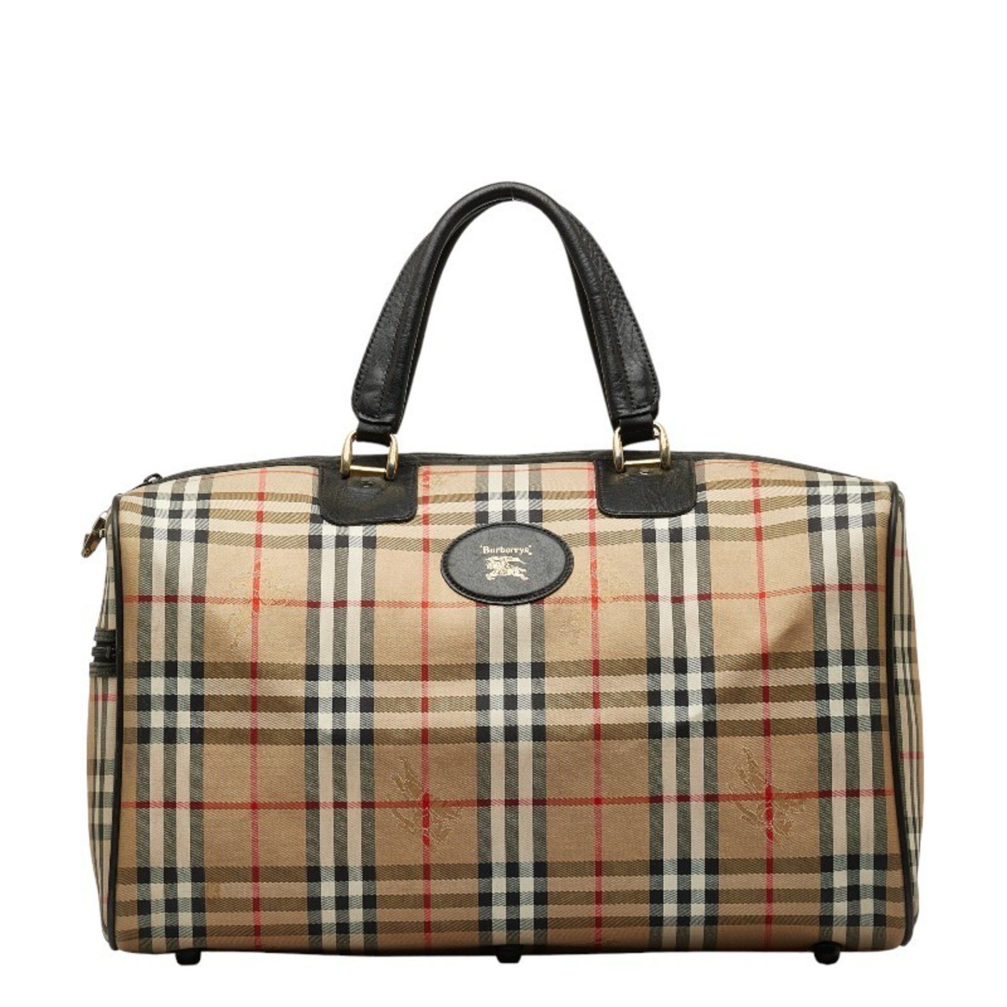 image of Burberry Nova Check Shadow Horse Boston Bag Beige Canvas Leather Women's Burberry