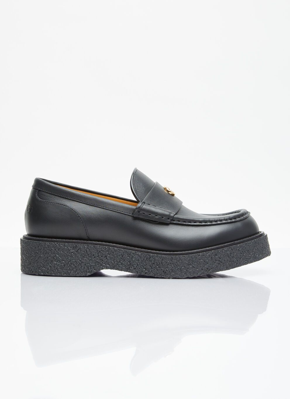 image of Gucci Logo Plaque Leather Loafers in Black, Men's (Size 9)