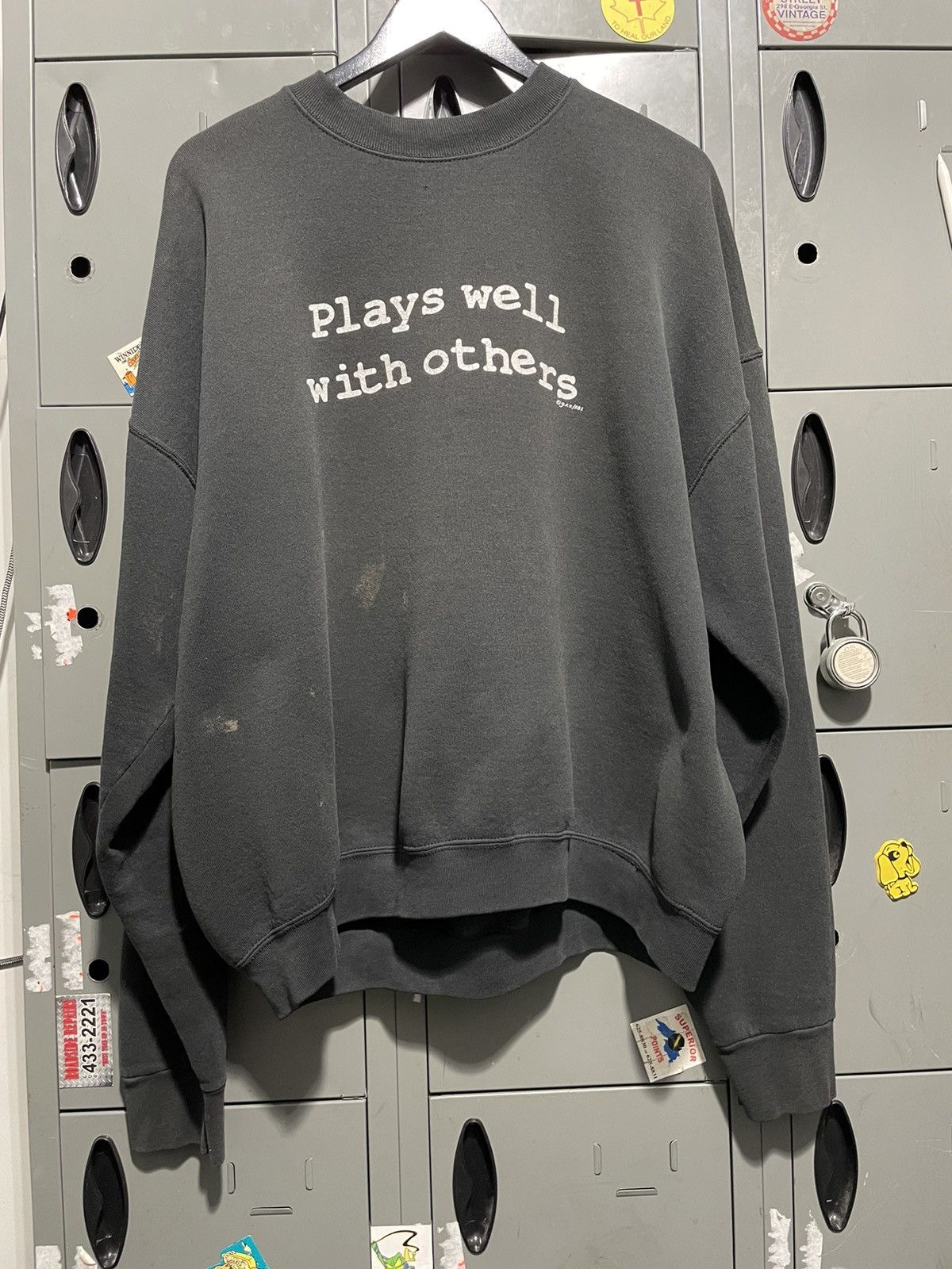 image of Fruit Of The Loom x Humor 27X27 Boxy Vintage Crewneck Plays Well With Others Sex Joke in Black (Siz