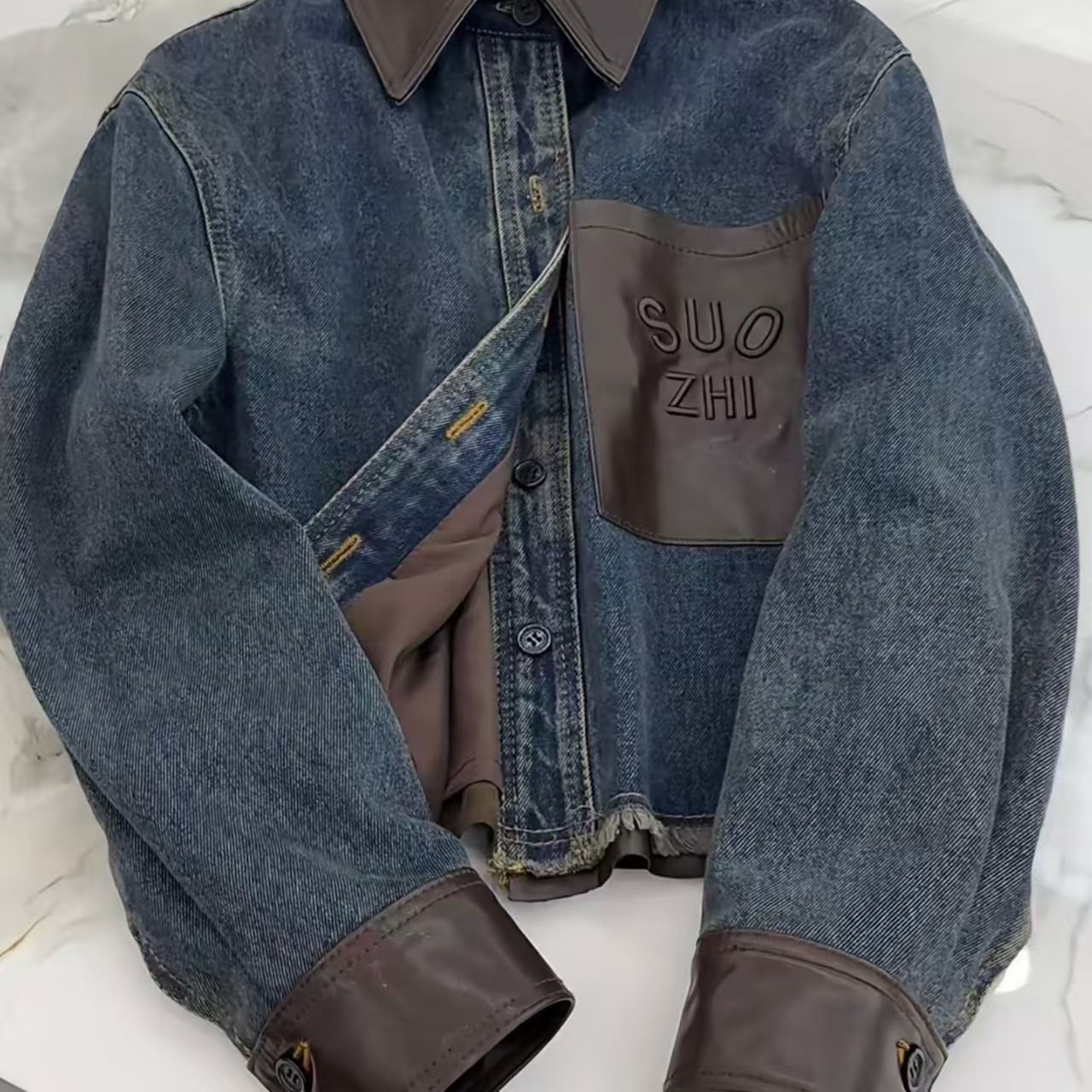 Vintage New Washed Denim & Faux Leather Shirt Jacket Size US L / EU 52-54 / 3 - 3 Thumbnail