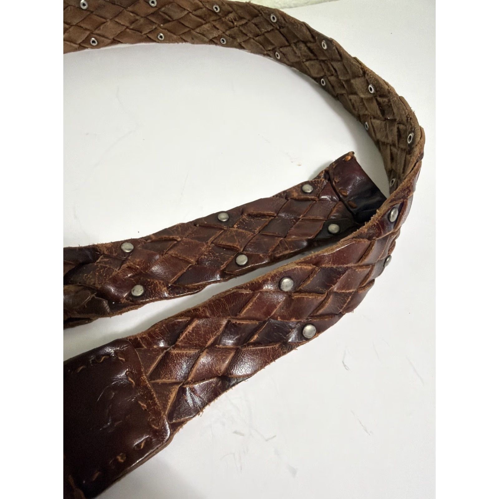 American Eagle Outfitters VINTAGE American Eagle Belt Womens S/M Brown Leather Studded Woven Brass Buckle Boho Size ONE SIZE - 5 Thumbnail