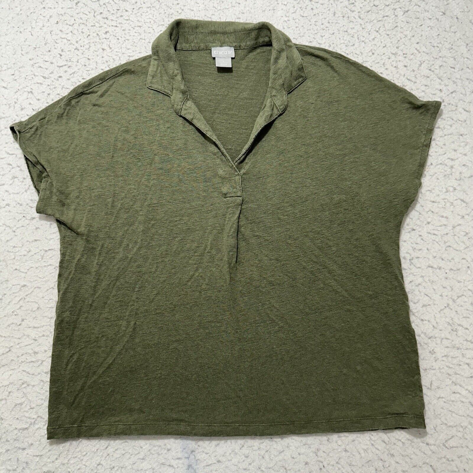 Chicos Chico's 1 Medium Olive Green Pure Linen Collared Polo Shirt Size M / US 6-8 / IT 42-44 - 1 Thumbnail