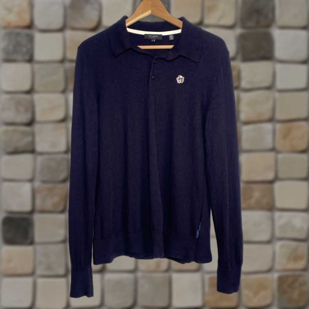 Ted Baker VINTAGE Ted Baker London Men's Collared Sweater Navy Wool 100% Size 5 M/L Slim Regular Knit Pullover Logo City Classic Designer Preppy Wool Navy Mens Size US L / EU 52-54 / 3 - 1 Thumbnail