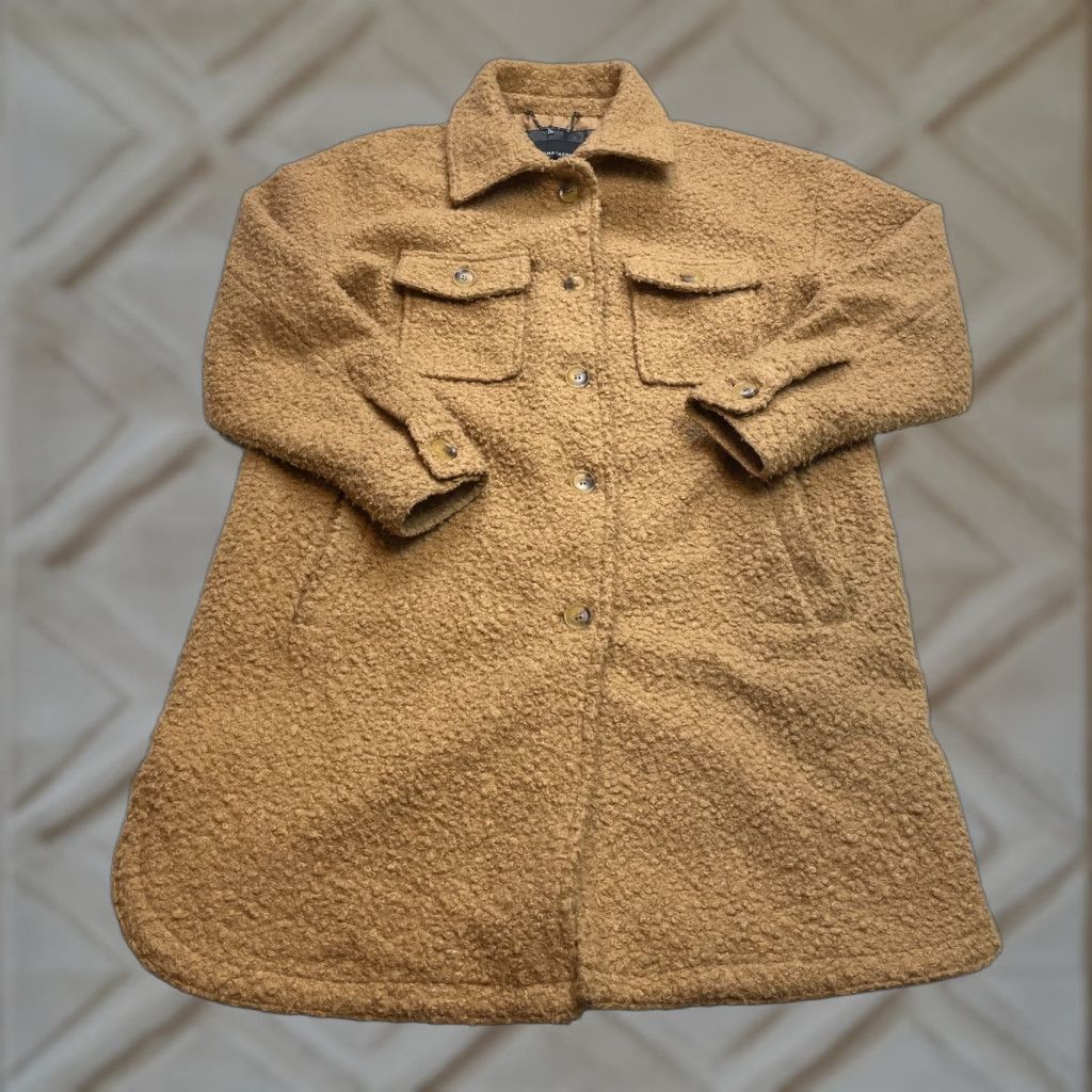 Bcbgmaxazria BCBGMAXAZRIA Overcoat Womens L Camel Brown Button Up Pockets Textured Jacket Size L / US 10 / IT 46 - 1 Thumbnail