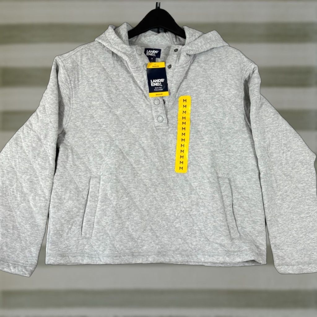 Lands' End Lands' End Quilted Pullover Hooded Sweatshirt Womens M(8-10) Grey Snap Front NWT Size M / US 6-8 / IT 42-44 - 1 Thumbnail