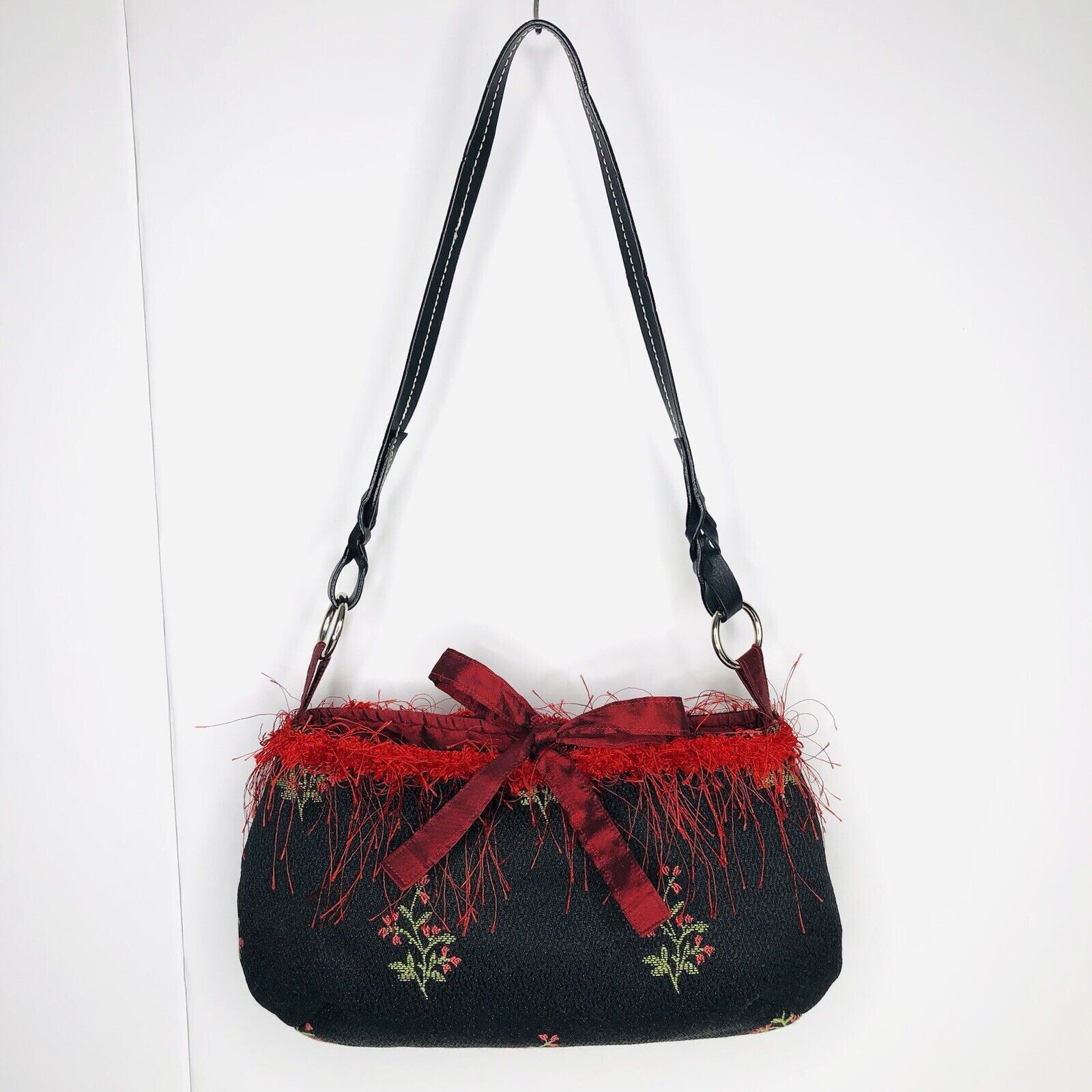 Other Vtg 80s AcScents Tapestry Black Floral Bag Red Fringe Size ONE SIZE - 2 Thumbnail