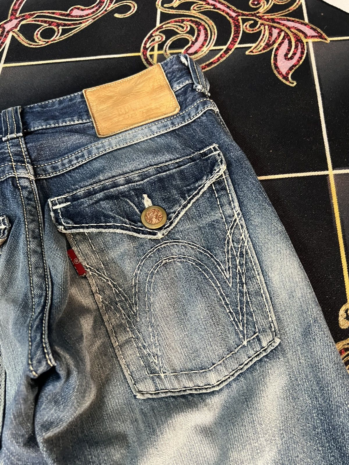 Edwin × Japanese Brand × Vintage 💥FLARE 💥VINTAGE EDWIN BLUE TRIP SUN DISTRESSED JEANS Size US 31 - 20 Thumbnail