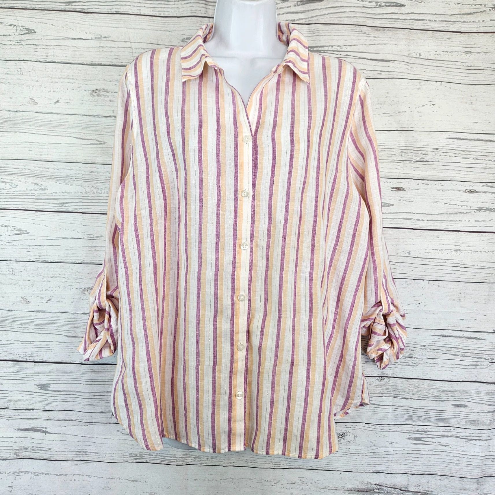 Vintage Chico's Womens No Iron Button Front Shirt Sz Large Linen Purple Orange Striped Size L / US 10 / IT 46 - 2 Thumbnail