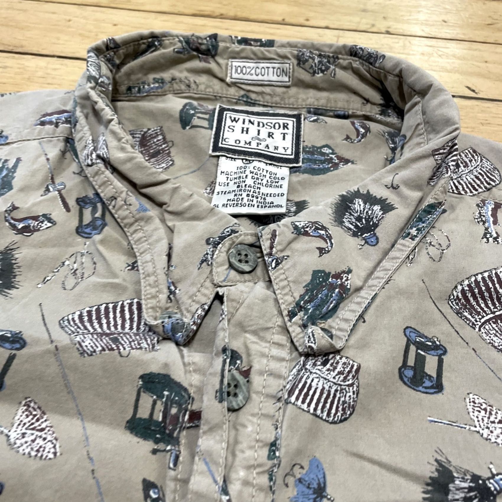 Vintage Windsor Shirt Company vtg 90s Graphic Button Shirt Men XL Fly fishing Reels Tack Print Shirt Size US XL / EU 56 / 4 - 6 Thumbnail