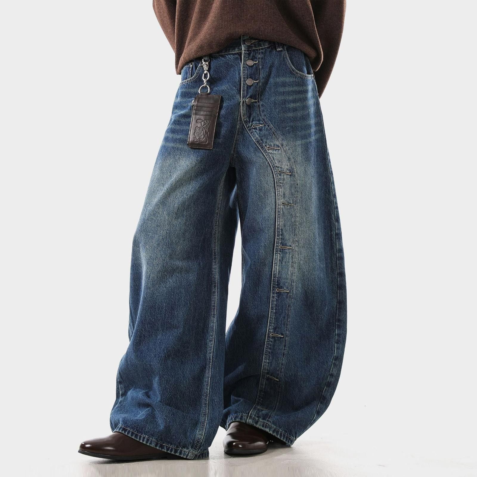 Blue Wide Leg Denim Jeans Baggy Button Fly Jeans