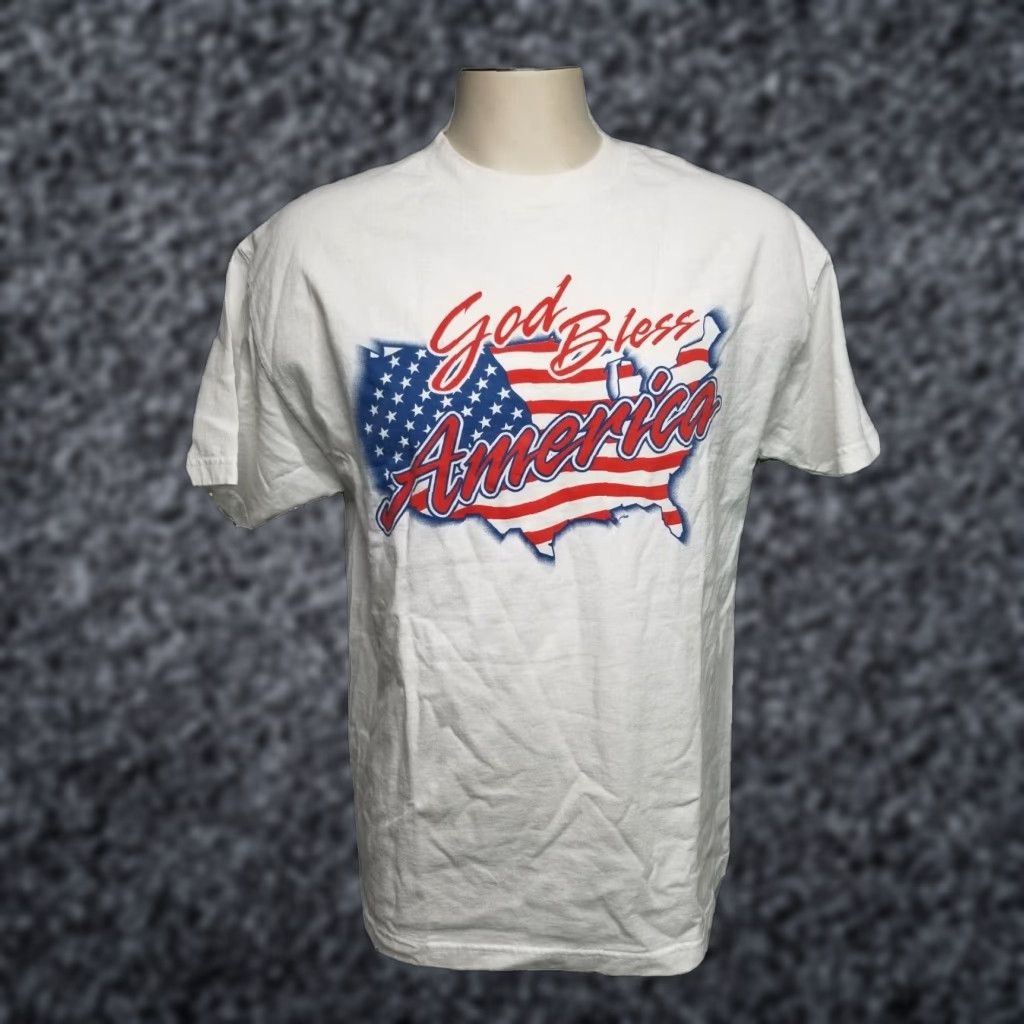Vintage VINTAGE Murina GOD BLESS AMERICA Flag USA T Shirt 4th of July Mens L White Cotton Crew Neck Short Sleeve Graphic Tee Captain America USA Theme Size US L / EU 52-54 / 3 - 1 Thumbnail