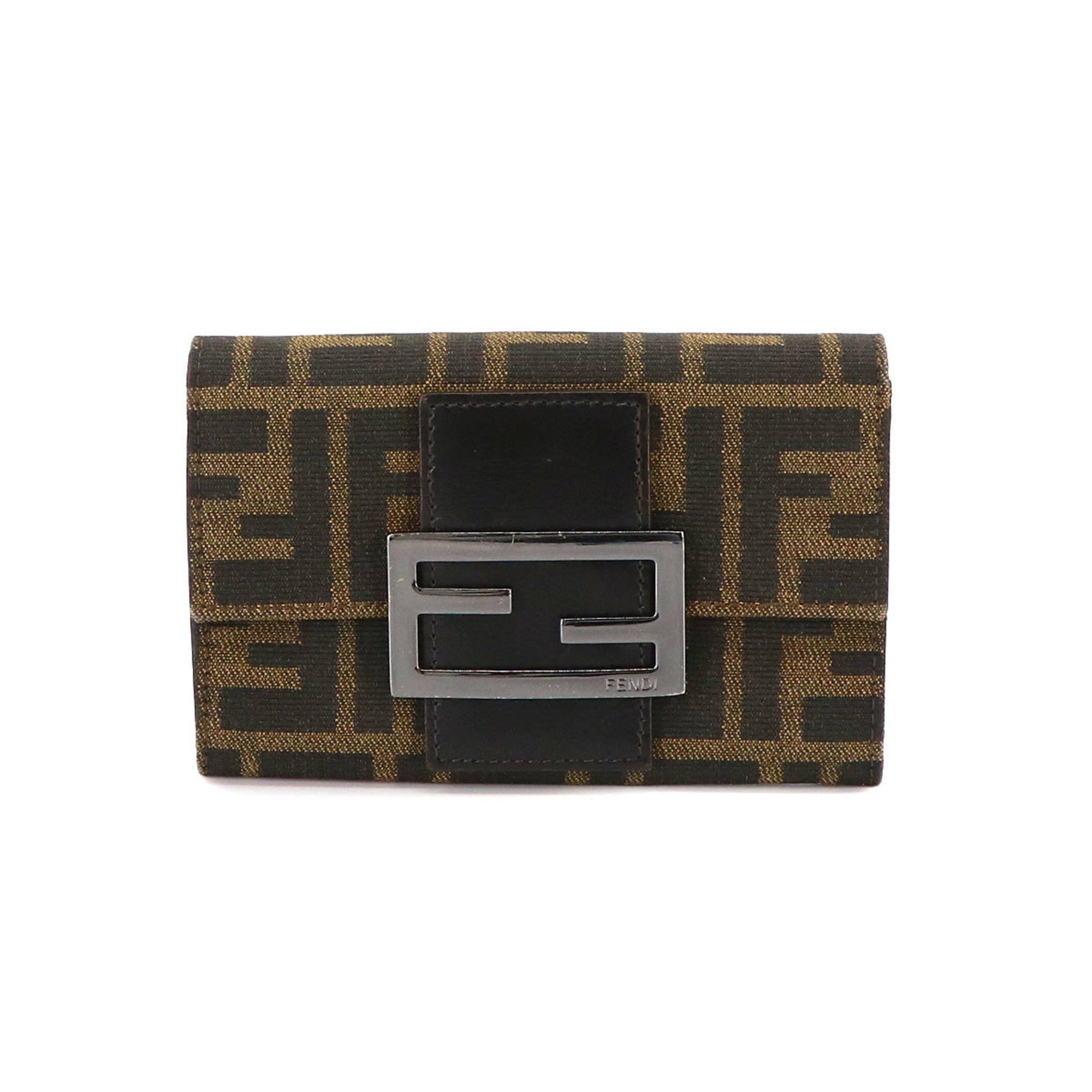 image of Fendi Zucca Pattern Bi-Fold Wallet Canvas Leather Brown 8M0036 Silver Hardware Compact Wallet, Wome