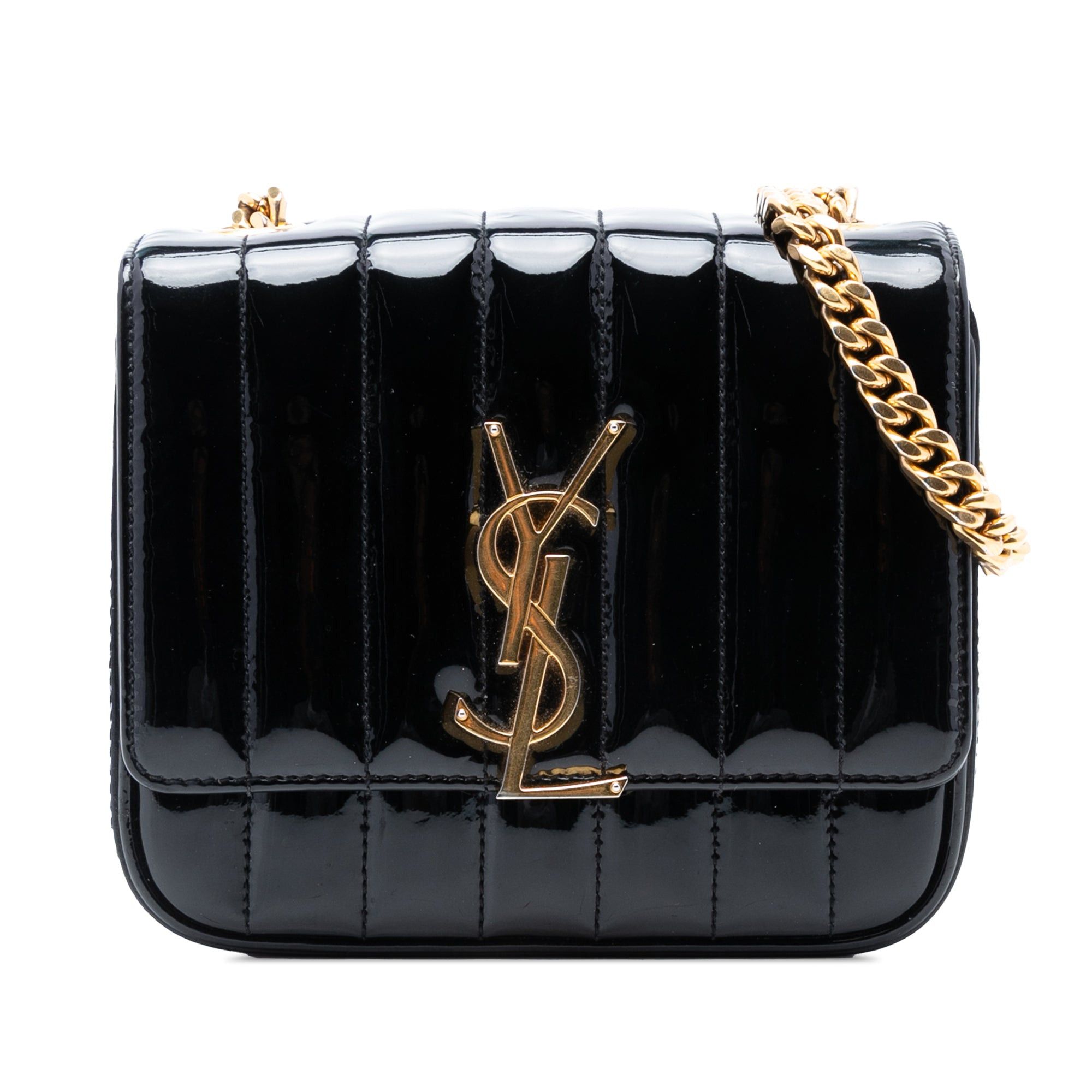 Saint Laurent Paris Small Patent Monogram Vicky Chain Bag in Black, Women's