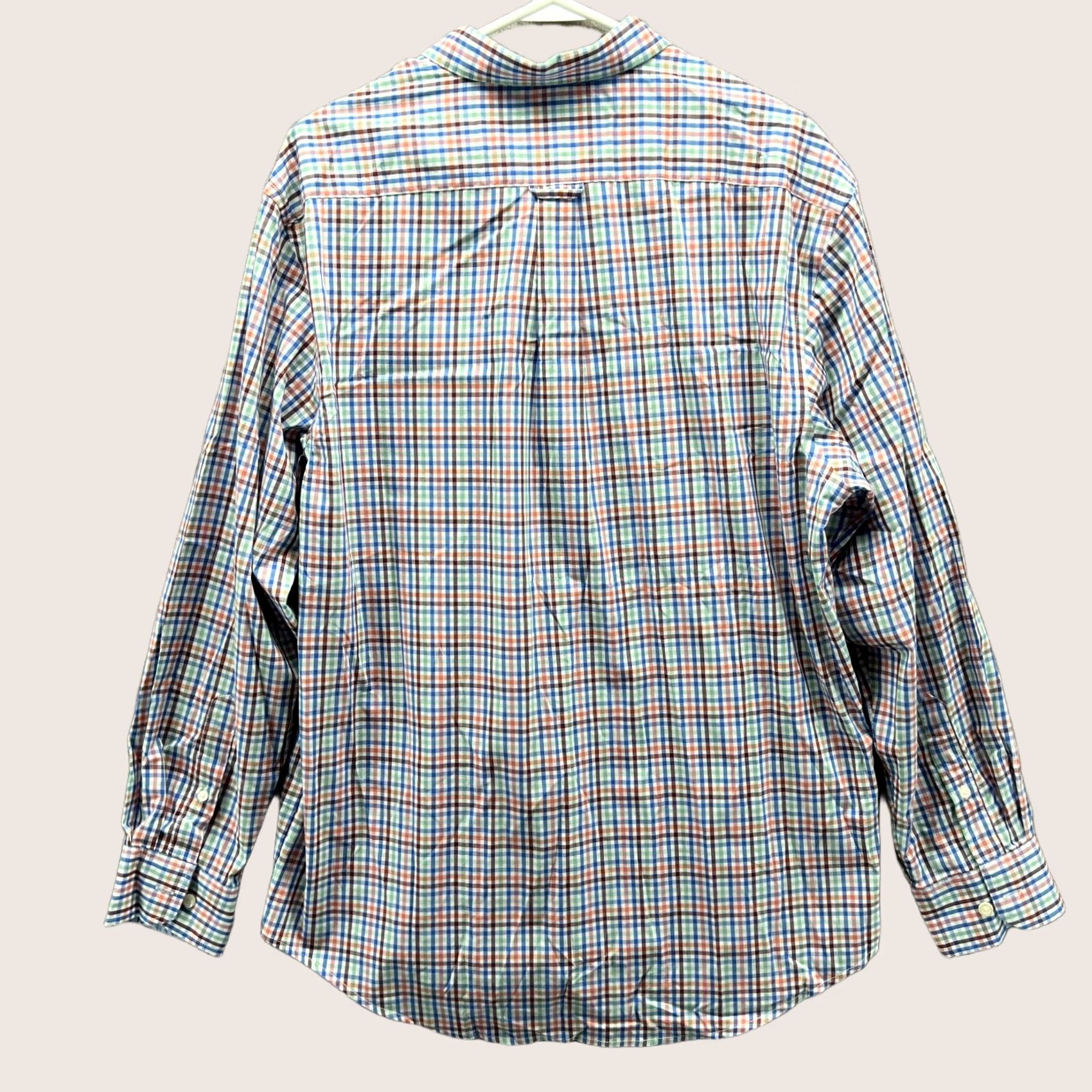 Izod VINTAGE Izod Shirt Men Large Blue Button-Down Non Iron Stretch Gingham Plaid Dress Shirt Size 42R - 1 Thumbnail