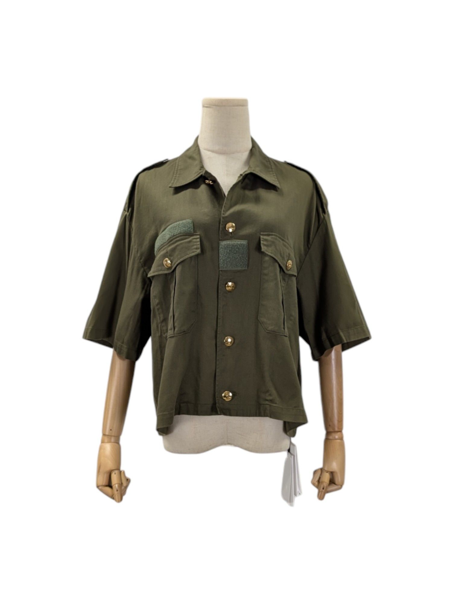 Celine Khaki Short Sleeve Shirt With Logo Buttons Size S / US 4 / IT 40 - 1 Thumbnail