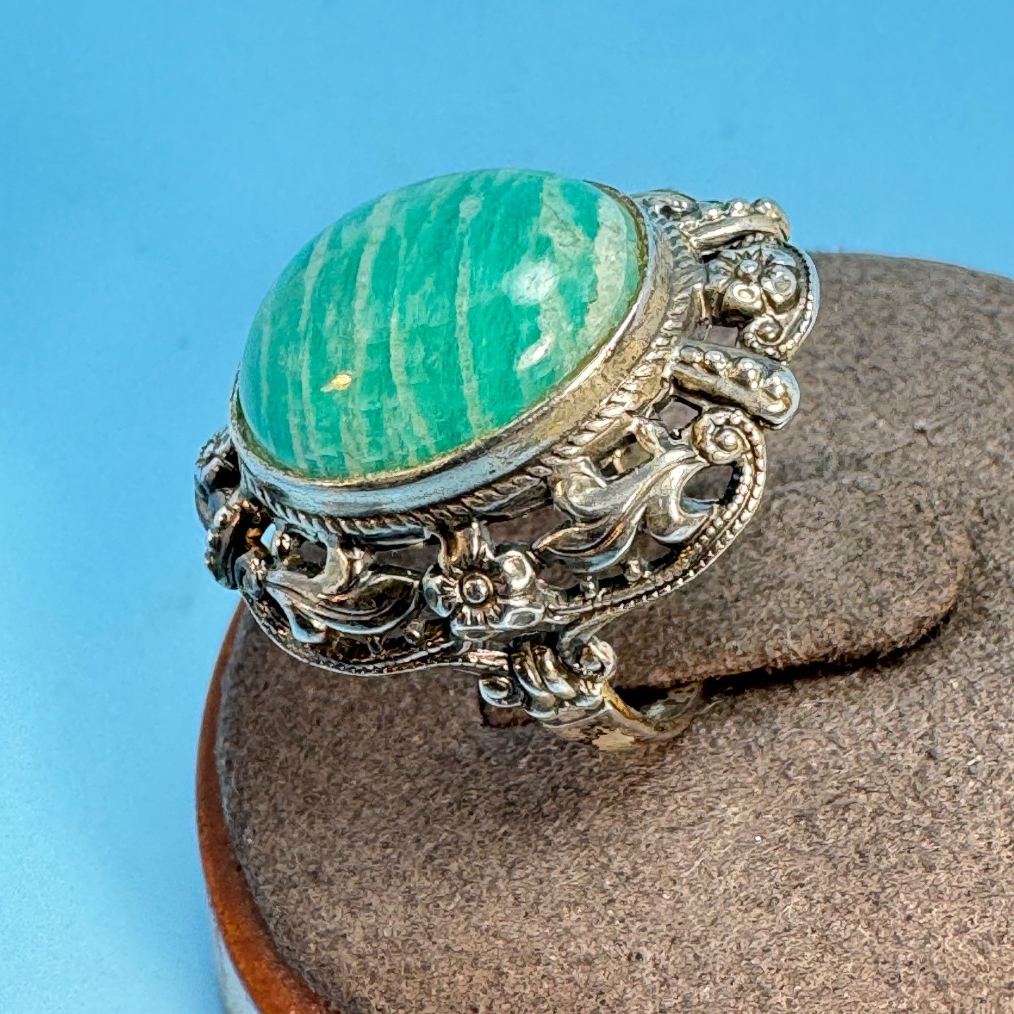 Vintage Sterling Silver 925 Amazonite Bezel Set Floral Border Statem Size ONE SIZE - 4 Thumbnail