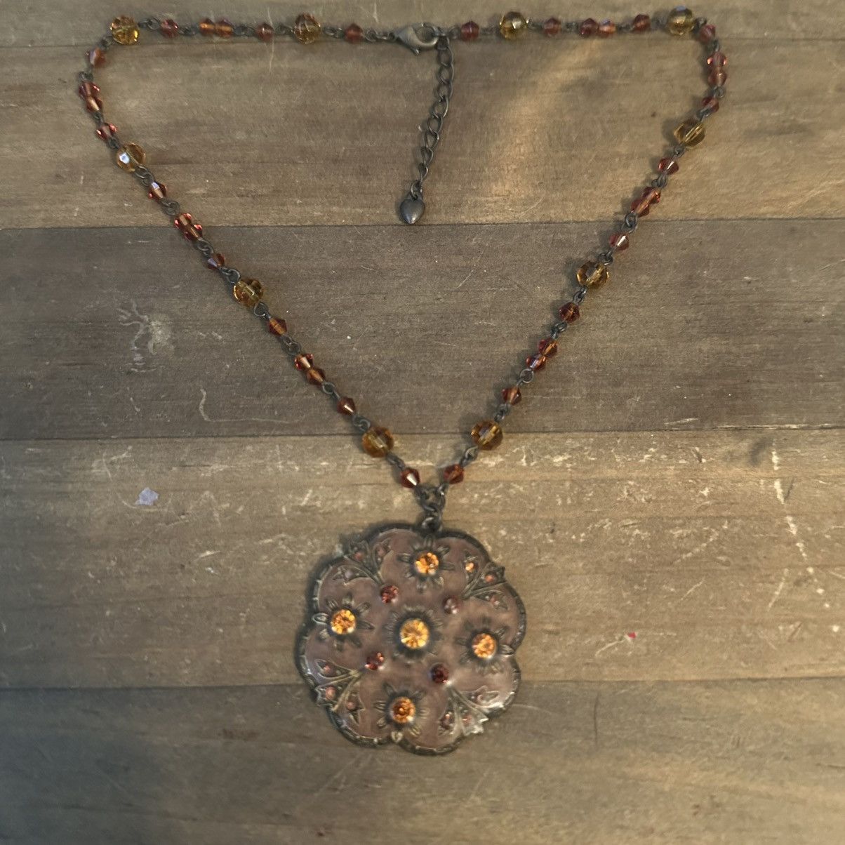 Other Bronze tone amber glass bead floral pendant necklace Size ONE SIZE - 2 Thumbnail