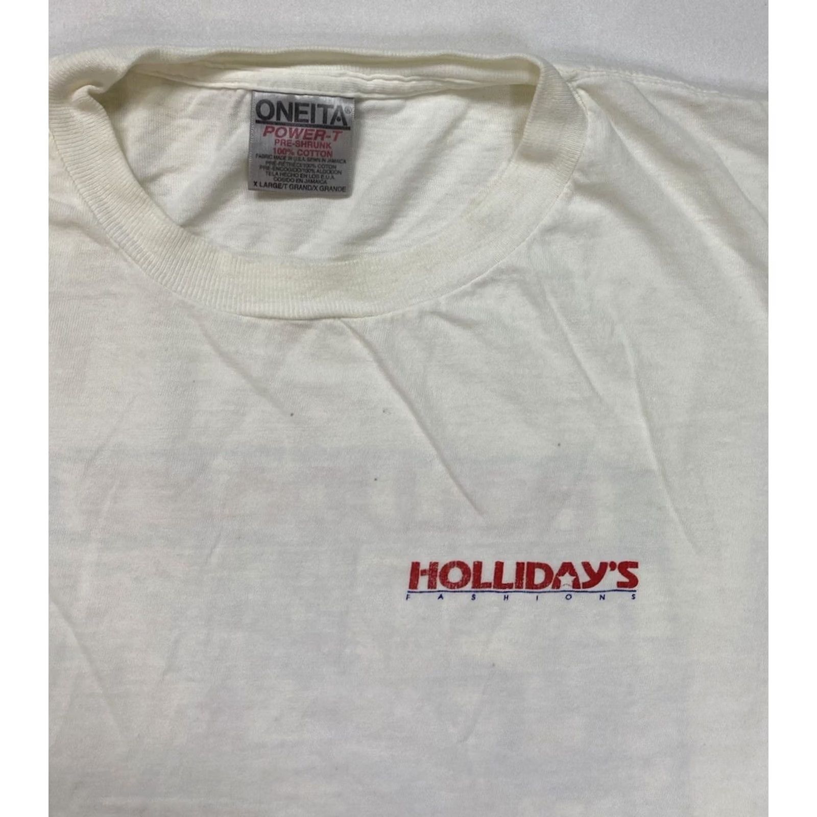 Vintage VINTAGE Holliday's Fashions Family Picnic T-shirt Men XL White Cotton 90s Logo Graphic Print Short Sleeve Crew Neck USA 1990-1999 Boys/Men? Size US XL / EU 56 / 4 - 5 Thumbnail