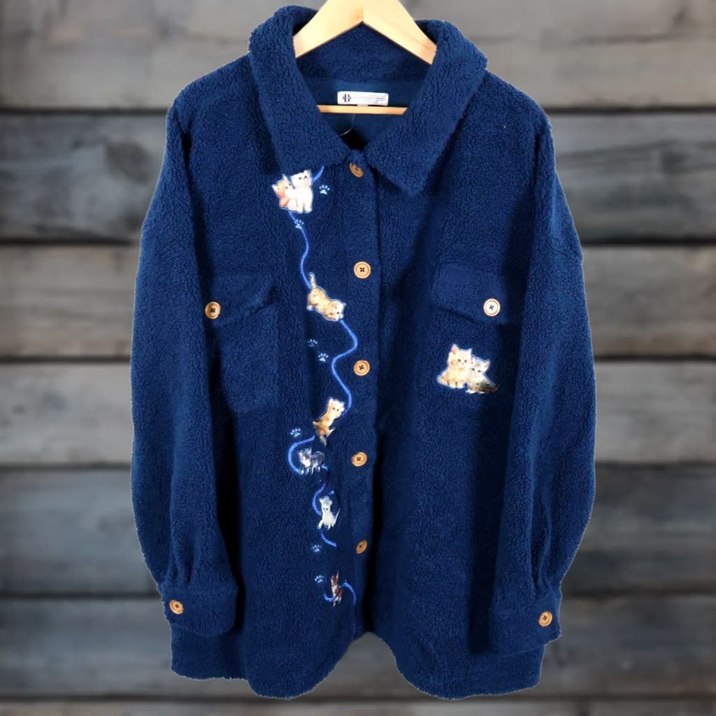 Vintage Bradford Exchange Women's Jacket 2X Blue Fleece Jurgen Scholz Cats Kitten Embroidered Unlined Pockets Button Front Regular Wool? Size XXL / US 16-18 / IT 52-54 - 1 Thumbnail