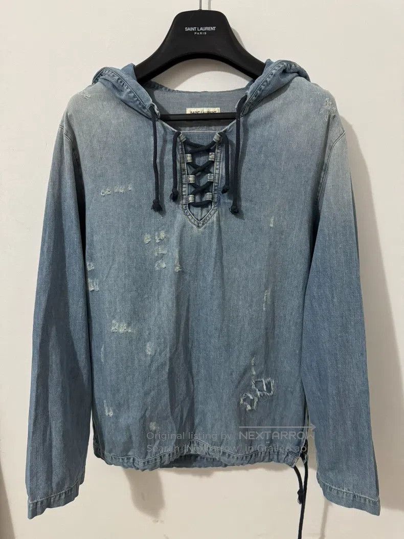 Saint Laurent Paris Saint Laurent Paris Destroyed Denim Hooded Sweatshirt Size US XS / EU 42 / 0 - 1 Thumbnail