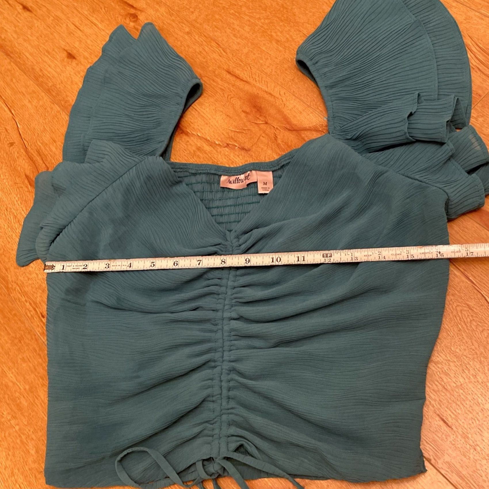 Roots Root Willow Teal Ruffle Sleeve Crop Blouse Med Rouged Tie Front Smocked Boho Women Size M / US 6-8 / IT 42-44 - 4 Thumbnail