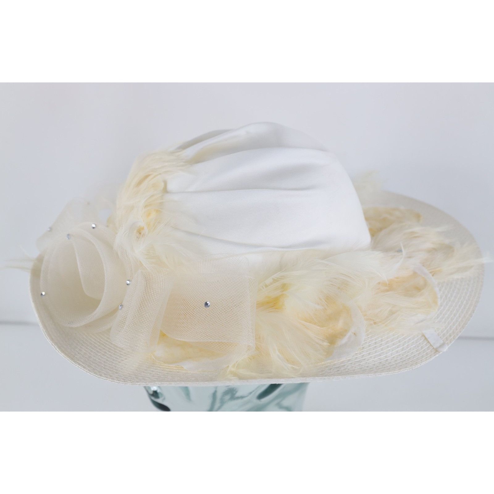 Vintage Vintage 80s 90s Wide Brimmed Feather Ribbon Rhinestone Hat Size ONE SIZE - 3 Thumbnail