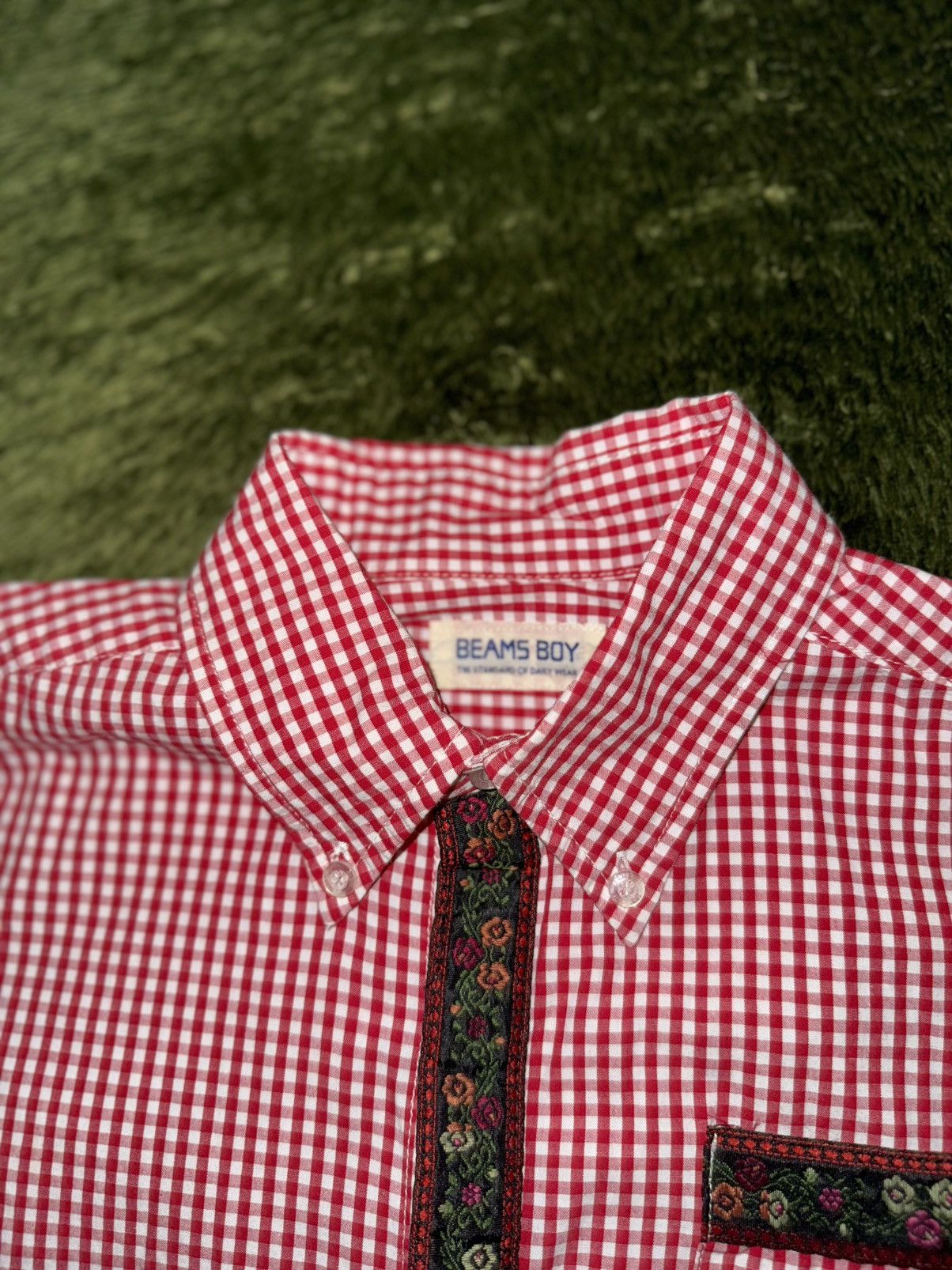 Beams Japan BEAMS BOY Floral Jacquard Check Half Shirt Red Size S / US 4 / IT 40 - 3 Thumbnail