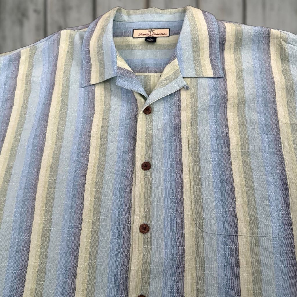 Tommy Bahama Tommy Bahama Shirt Mens XL Aqua Blue Green Striped 100% Silk Button-Up Short Sleeve Casual Hawaiian Beach Vacation Mens Size US XL / EU 56 / 4 - 1 Thumbnail