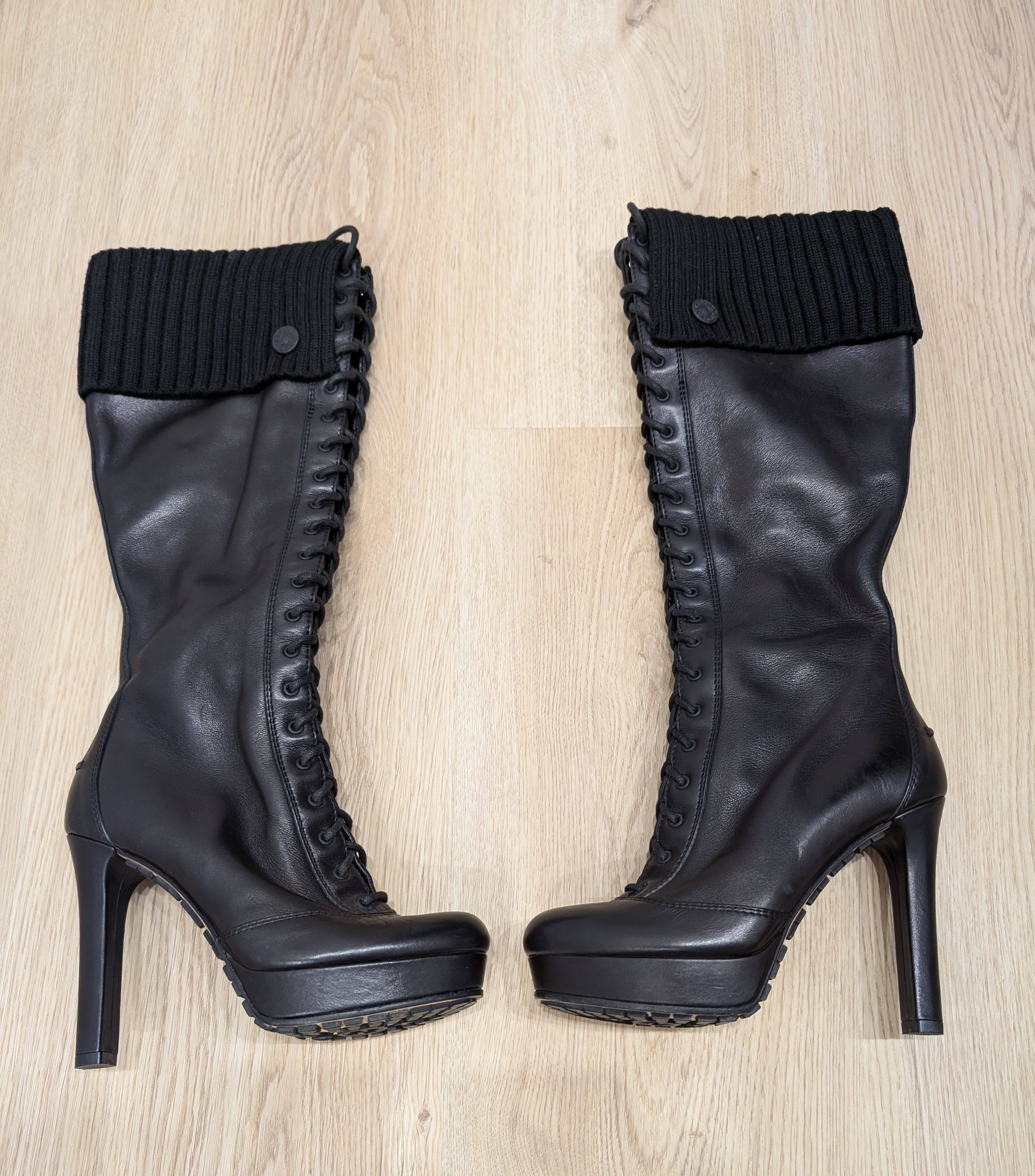 Gucci GUCCI Black Leather Wool Rrib Knee Platform Boots Lace Up Size US 4.5 / IT 34.5 - 1 Thumbnail
