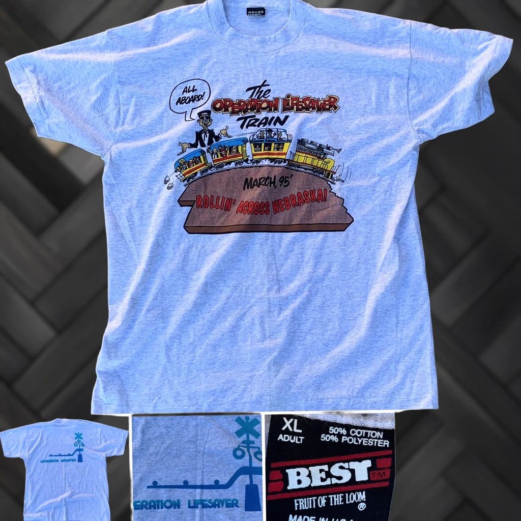 Fruit Of The Loom VINTAGE Fruit of the Loom T-Shirt Unisex XL Gray 1990s Operation Lifesaver Train March 95 Rollin’ Across Nebraska! Size US XL / EU 56 / 4 - 1 Thumbnail