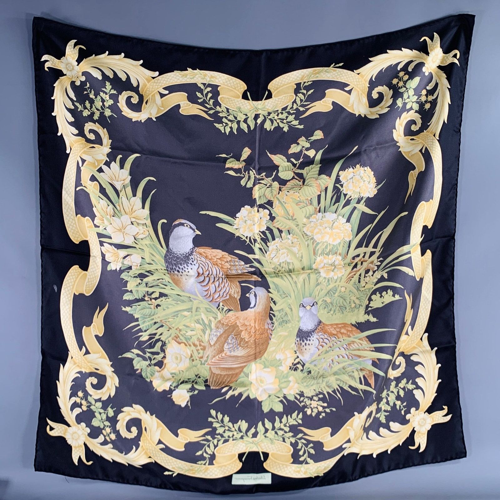 Salvatore Ferragamo SALVATORE FERRAGAMO Black Yellow Green Birds Silk Scarf Size ONE SIZE - 3 Thumbnail