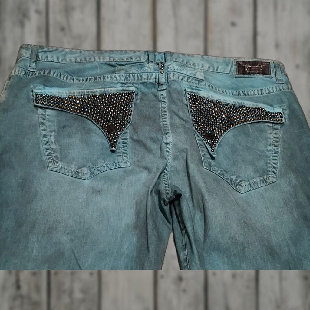 Vintage Robin Jeans Mens Blue Jeans Straight Leg 40x38 Long Flap Rhinestone Bling Size US 40 / EU 56 - 1 Thumbnail