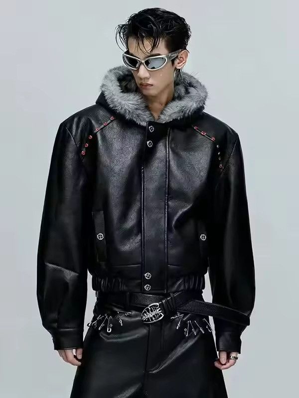 Japanese Brand Black Faux Leather Bomber Jacket with Fur Collar Size US XL / EU 56 / 4 - 4 Thumbnail