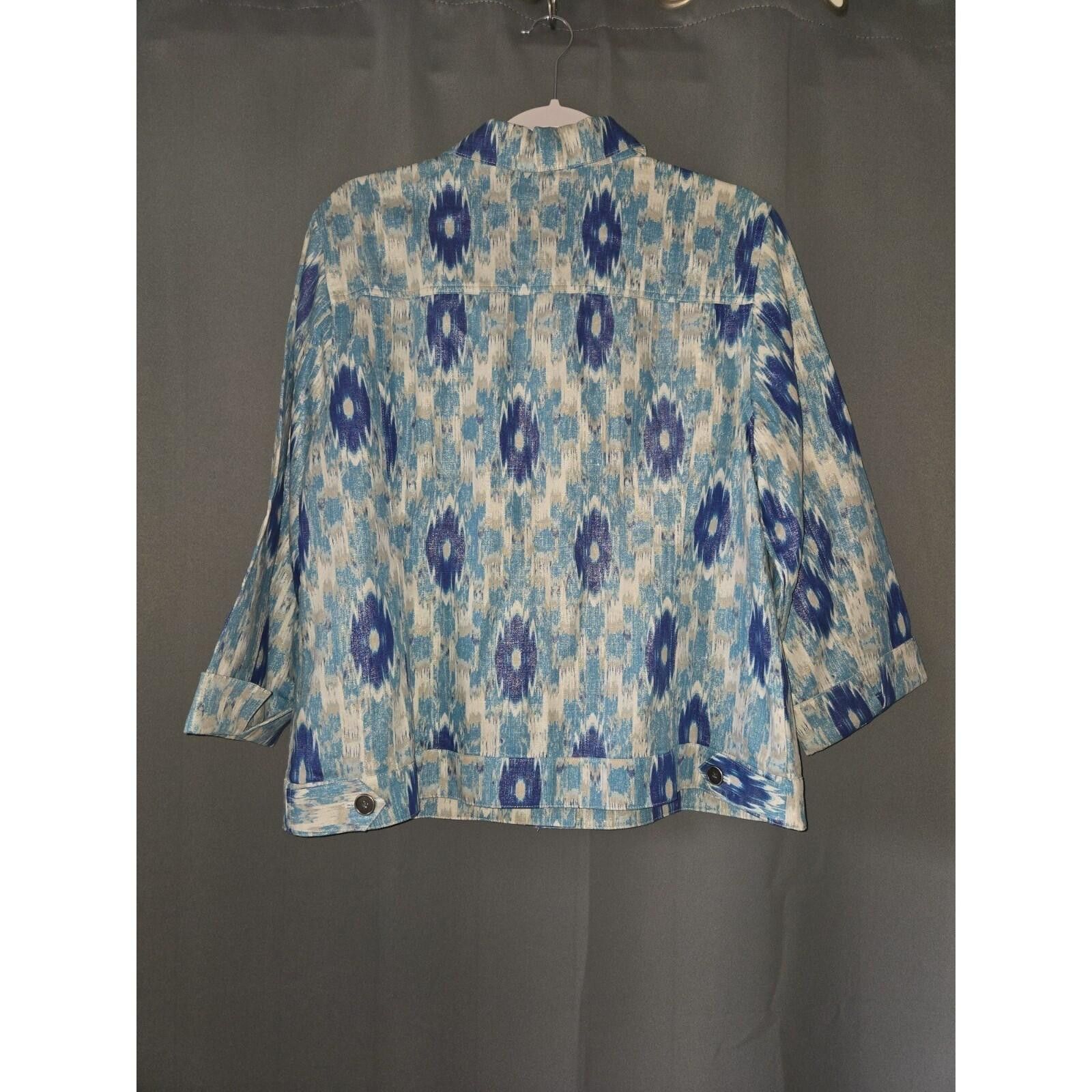 Chicos Chico's Linen Cotton Ikat Print Button Front Jacket Blue 2 Size M / US 6-8 / IT 42-44 - 2 Thumbnail