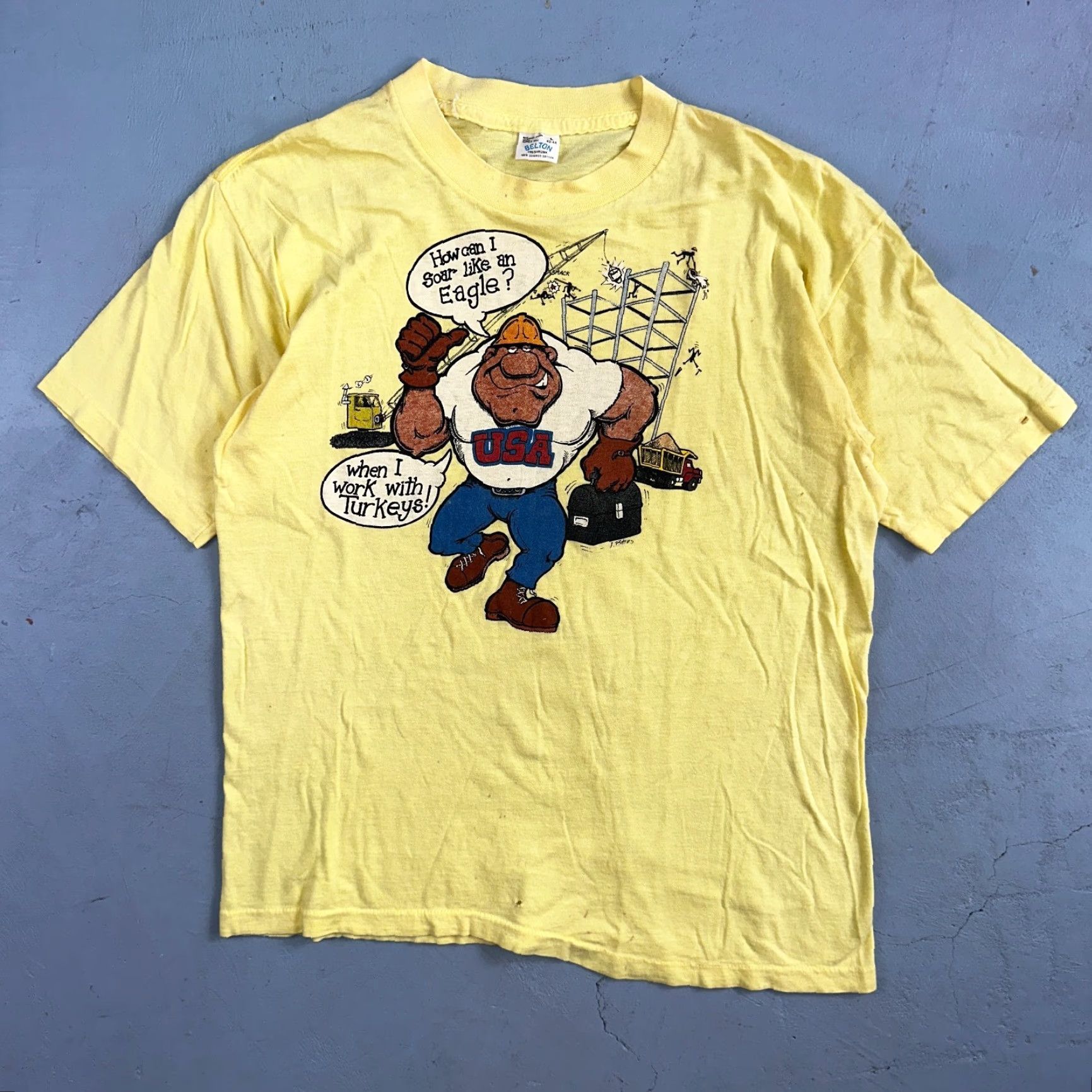 Vintage VINTAGE Belton USA Construction T-Shirt Men Large Yellow 70s Funny Humor Graphic Te Size US L / EU 52-54 / 3 - 2 Thumbnail