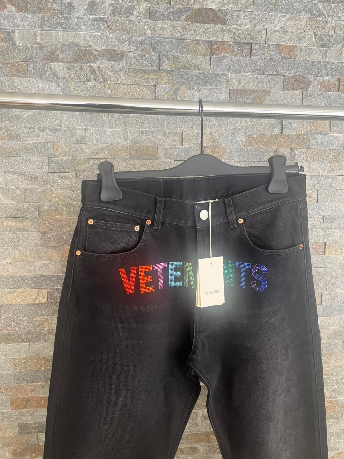 Vetements Multicolor Rainbow Crystal Logo Straight Leg Denim in Black Size US 30 / EU 46 - 7 Thumbnail