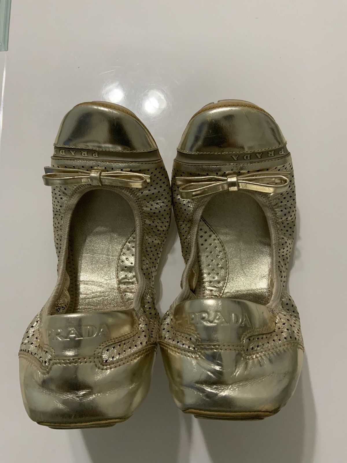 Prada PRADA Women's Metallic Gold flats ballerinas Size US 7 / IT 37 - 2 Thumbnail