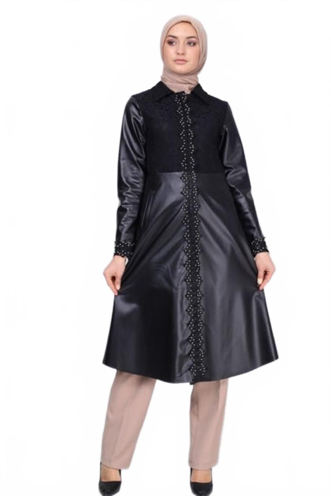 The Unbranded Brand Elegant Black Faux Leather and Lace Long Coat, Size - 6 Size M / US 6-8 / IT 42-44 - 2 Thumbnail