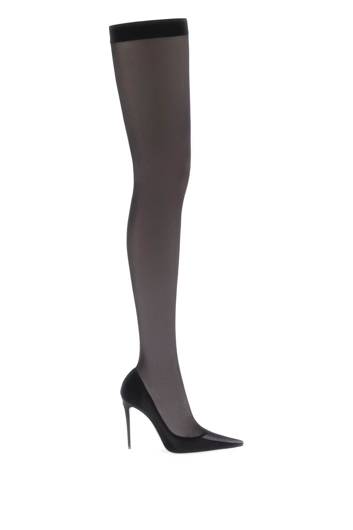 image of Dolce Gabbana O1S22I1N0424 Stretch Tulle Thigh Hi Boots In Black, Women's (Size 9)
