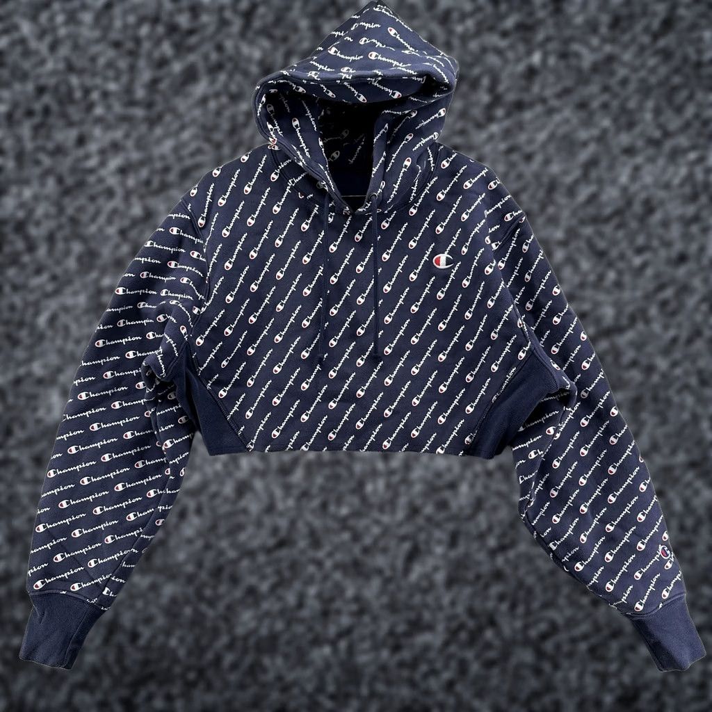 Champion Champion Hoodie Womens M Blue All Over Logo Print Cropped Fleece Pullover Size M / US 6-8 / IT 42-44 - 1 Thumbnail