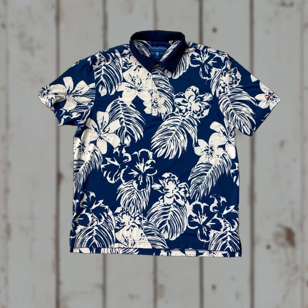 Chubbies Chubbies Polo Shirt Men L Blue Floral Leaf Print Performance Golf Wicking Beach Size US L / EU 52-54 / 3 - 1 Thumbnail