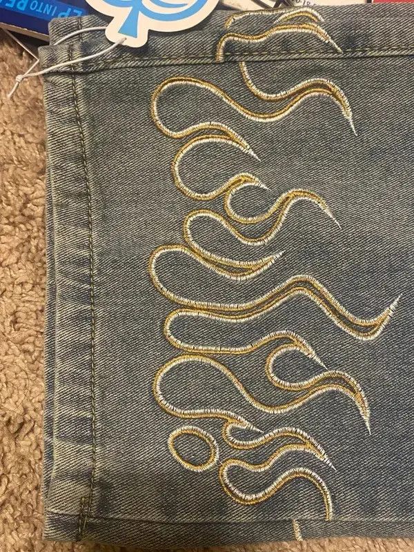 Japanese Brand × Jean Loose Straight Jeans Fire Embroidery Size US 34 / EU 50 - 3 Thumbnail