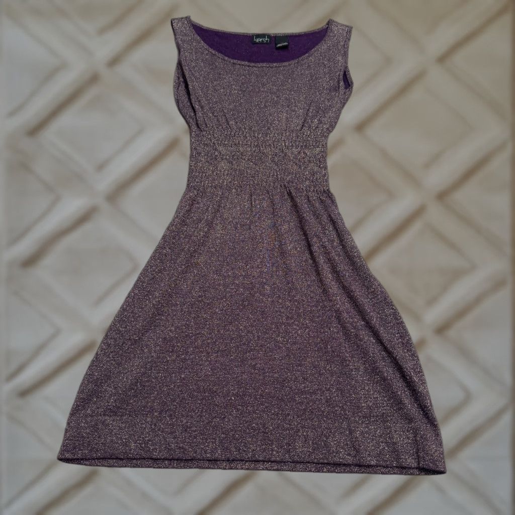 Vintage Kersh Purple Kersh Gold Metallic Sparkle Knit Smocked Waist A-Line Dress Womens Small Purple Size S / US 4 / IT 40 - 1 Thumbnail