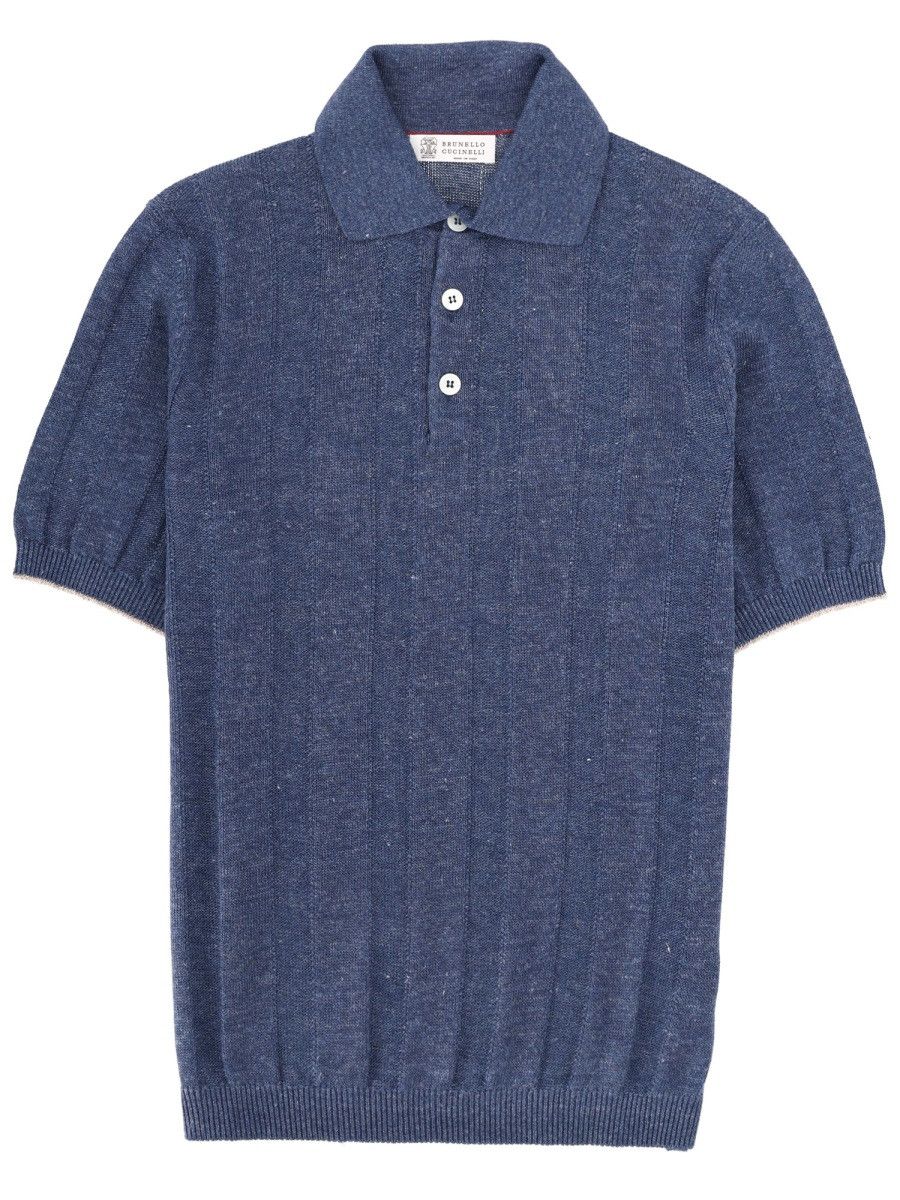 Brunello Cucinelli BRUNELLO CUCINELLI LINEN KNIT POLO SHIRT - BLUE (IT 52) Size US XL / EU 56 / 4 - 1 Thumbnail