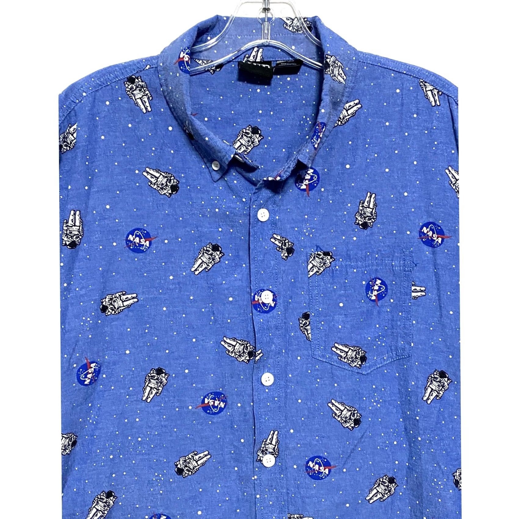 Mad Engine NASA Space Astronaut Mad Engine Oxford Blue Button Up Short Sleeve Shirt Mens M All Over Print Size US M / EU 48-50 / 2 - 2 Thumbnail